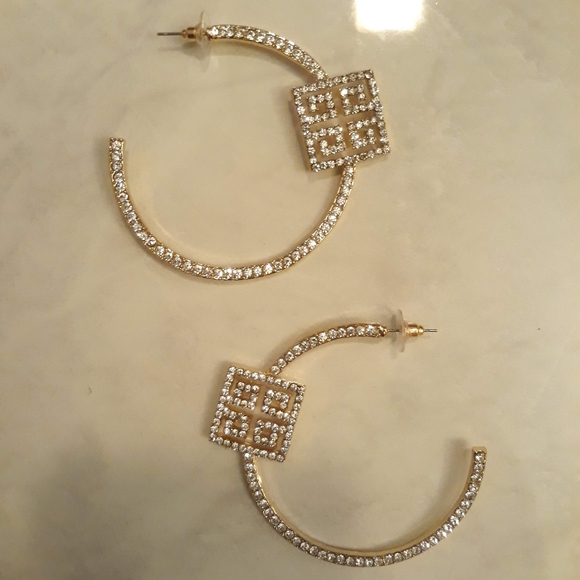 Gold Greek Design Rhinestone Crystal Hoop Earrings - Picture 3 of 3
